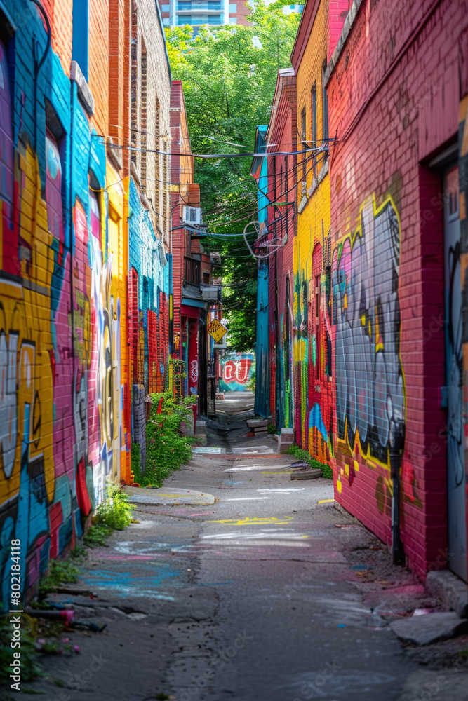 Fototapeta premium Vibrant and colorful wall graffiti in an alley during daytime.