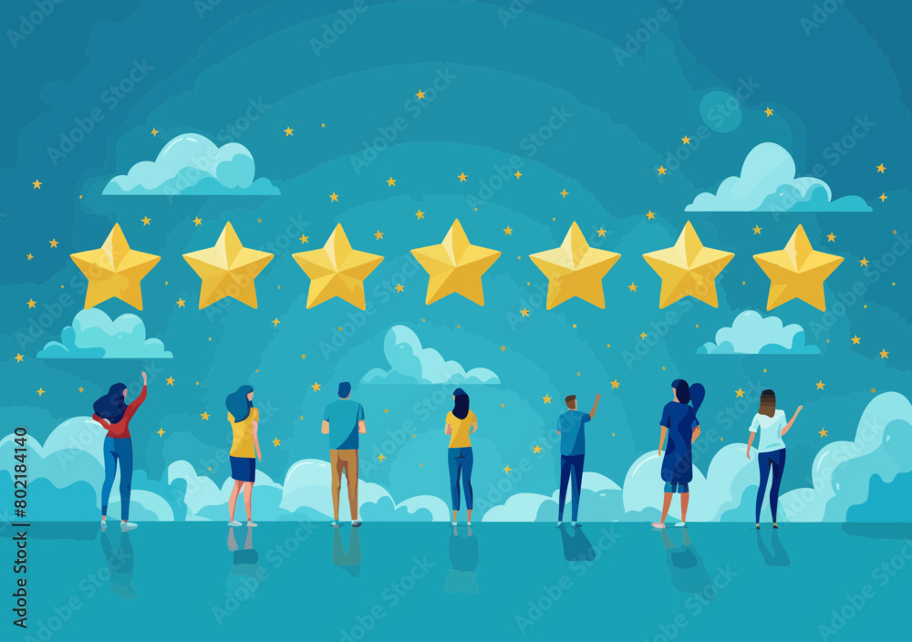 Happy diverse customers give 5-star rating feedback for excellent service quality, user experience - vector illustration Happy diverse customers give 5-star rating feedback for excellent service quality, user experience - vector illustration