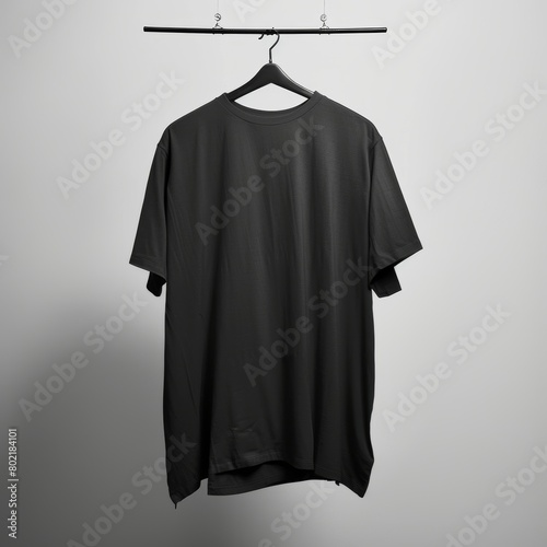 Black T-shirt hanging on a white wall perfect for fashion designers and retailers showcasing simple elegant style