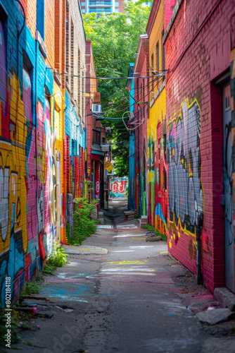 Vibrant and colorful wall graffiti in an alley during daytime. © ChubbyCat