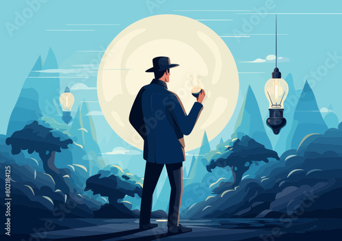 Innovative Thinker in Detective Costume Holding Lightbulb Idea - Conceptual Vector Illustration of Man Solving Problem, Creativity, Innovation