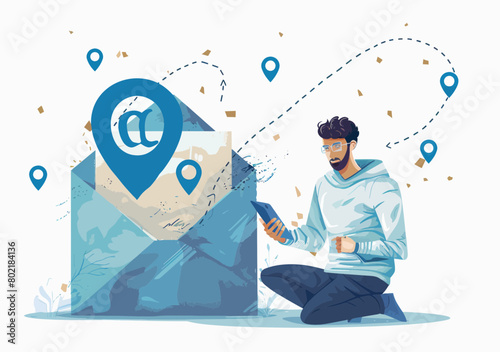 Contact Channels for Business: Businessman with Phone, Email, Location Pin for Client Communication, Customer Service, Business Info Concept