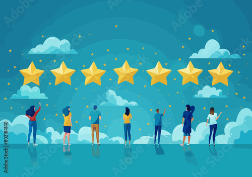 Happy diverse customers give 5-star rating feedback for excellent service quality, user experience - vector illustration