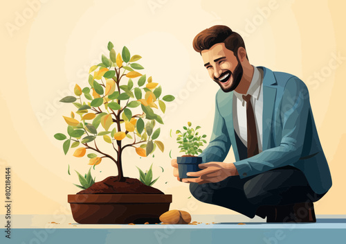 Man Watering Happy Face Plant Seedling - Positive Mental Wellbeing, Reducing Anxiety, Increasing Happiness Concept. Minimalistic Vector Illustration