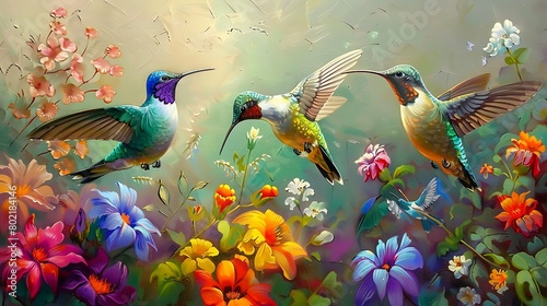 A Colorful Gathering of Hummingbirds in a Natural Setting  Symbolizing Grace and Beauty in Flight