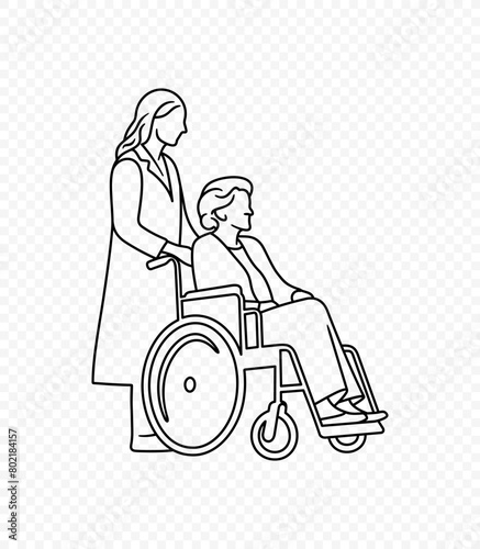 Line drawing of senior woman in wheelchair with female nurse vector design