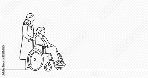 Continuous one line drawing of senior woman in wheelchair with female nurse vector design. Single line art illustration on transparent background