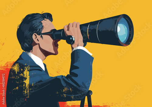 Businessman Exploring Future Career Opportunities Through Telescope - Business Vision, Success Direction, Research Concept Illustration