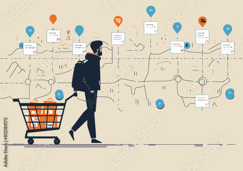 Journey Map Illustration - Man Pushing Shopping Cart on Customer Journey Process/Milestones for Purchase Experience, Marketing Strategy Analysis