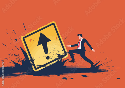 Frustrated Businessman Falling Under Exclamation Attention Sign - Bankruptcy Notice, Risk Alarm, Error Warning, Failure Concept Minimalistic Illustration