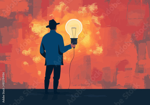 Curious detective male exploring invention ideas with bright bulb, finding creative solutions through innovation and discovery