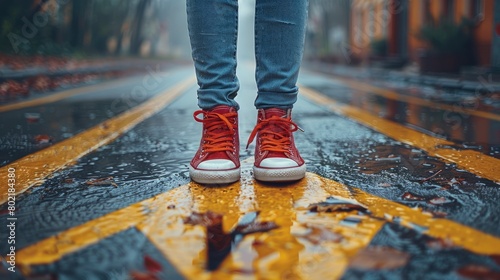 A top view of young woman s feet in sneakers standing on the asphalt road with yellow arrow sign  blurred background