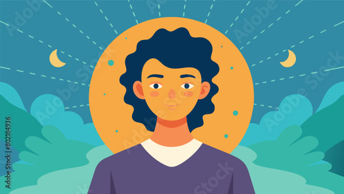 A portrait of a person with bipolar disorder shows them in a state of calmness and inner peace with the caption meditation for balanced mental health.. Vector illustration