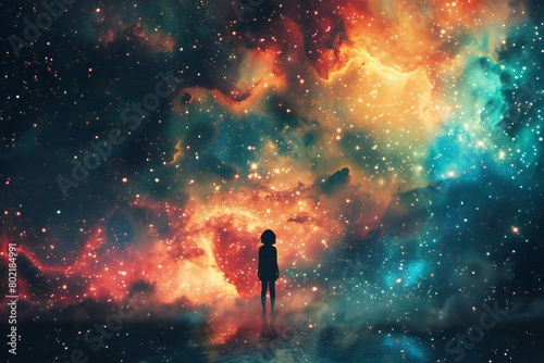Young woman standing on the edge of the water and looking to the galaxy