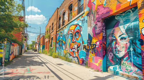 Local street corner transformed by colorful graffiti murals telling community stories. © ChubbyCat