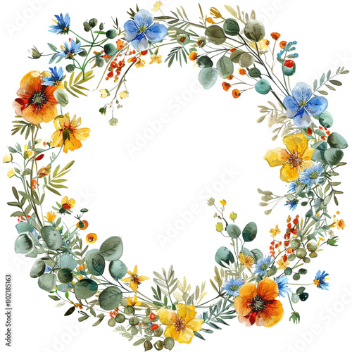 watercolor summer wildflower floral wreath (ID: 802185163)