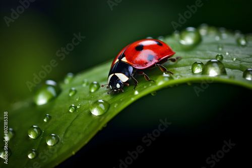 ladybug on green leaf with dew drops macro close up