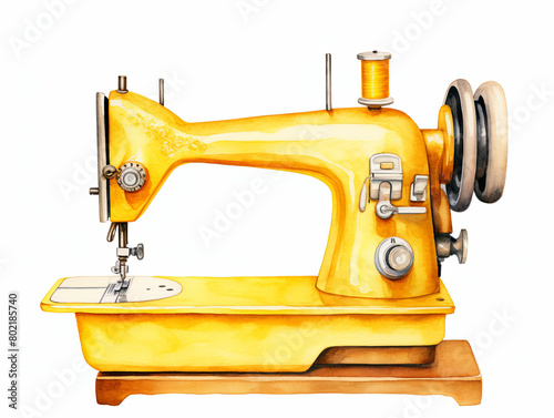 Watercolor painting of A yellow sewing machine with a white background