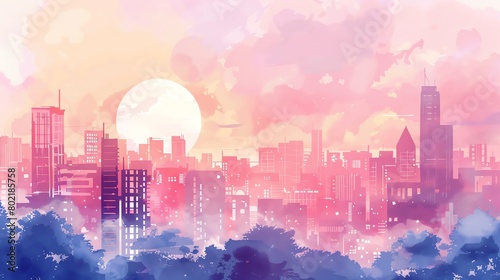Capture the meticulous detail of a utopian cityscape at sunrise in watercolor  showcasing ethereal pastel hues and intricate architecture  chibi style  flat vector icon style character illustration  s