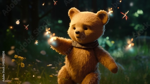 Enchanted Teddy Bear Surrounded by Glowing Fireflies in a Magical Forest at Night. © M.IVA