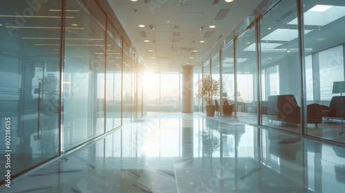 A modern office space featuring sleek glass partitions  flooded with sunlight to create an atmosphere of clarity and spaciousness.