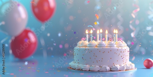 3d illustration of birthday cake with candles on blue background  