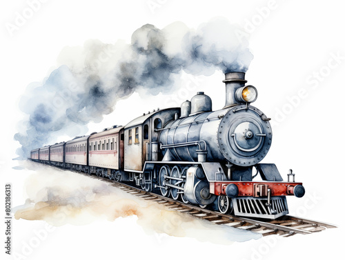 Watercolor painting of A steam train is traveling down the tracks