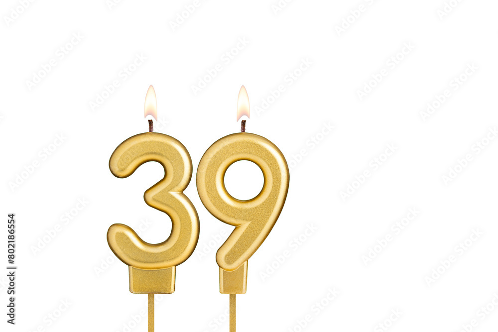Golden number 39 birthday candle on white background Golden number 39 birthday candle on white background
