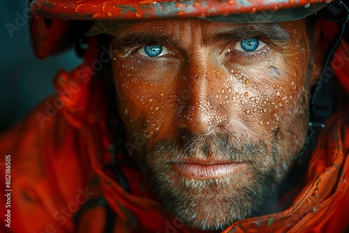 Portrait of a brutal bearded man in a red jacket and helmet photo