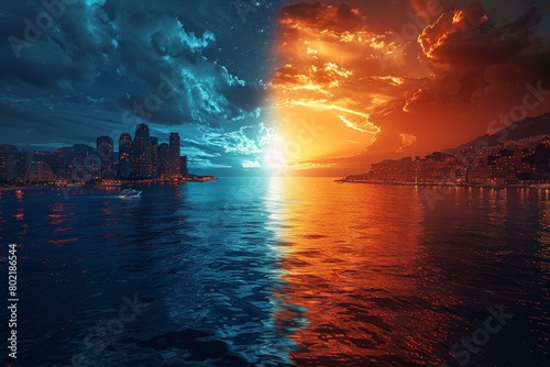 A vivid  fiery sunset looms over a coastal city skyline  with the night sky and calm sea conveying a serene yet dynamic scene