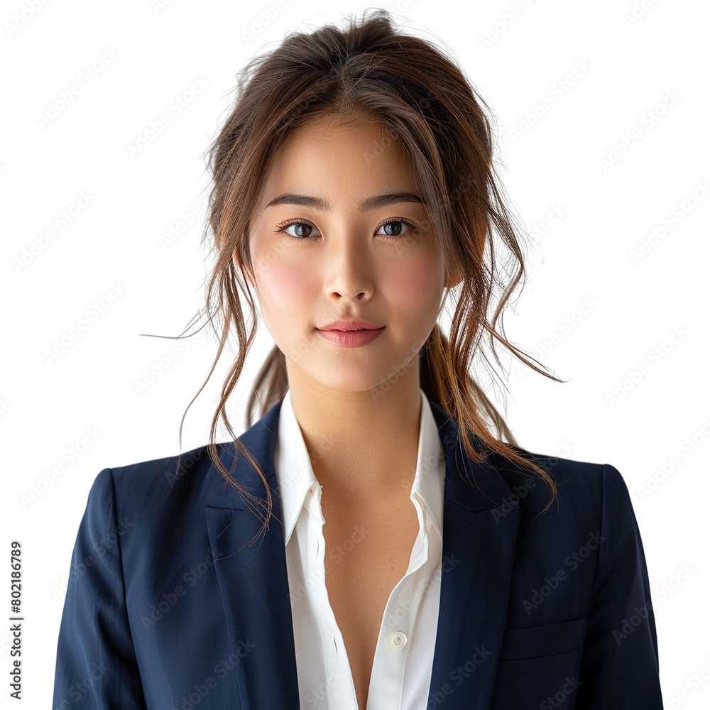 Front view mid shot of a confident Asian female model dressed in a sharp navy suit jacket and crisp white blouse, isolated on a white transparent background Front view mid shot of a confident Asian female model dressed in a sharp navy suit jacket and crisp white blouse, isolated on a white transparent background