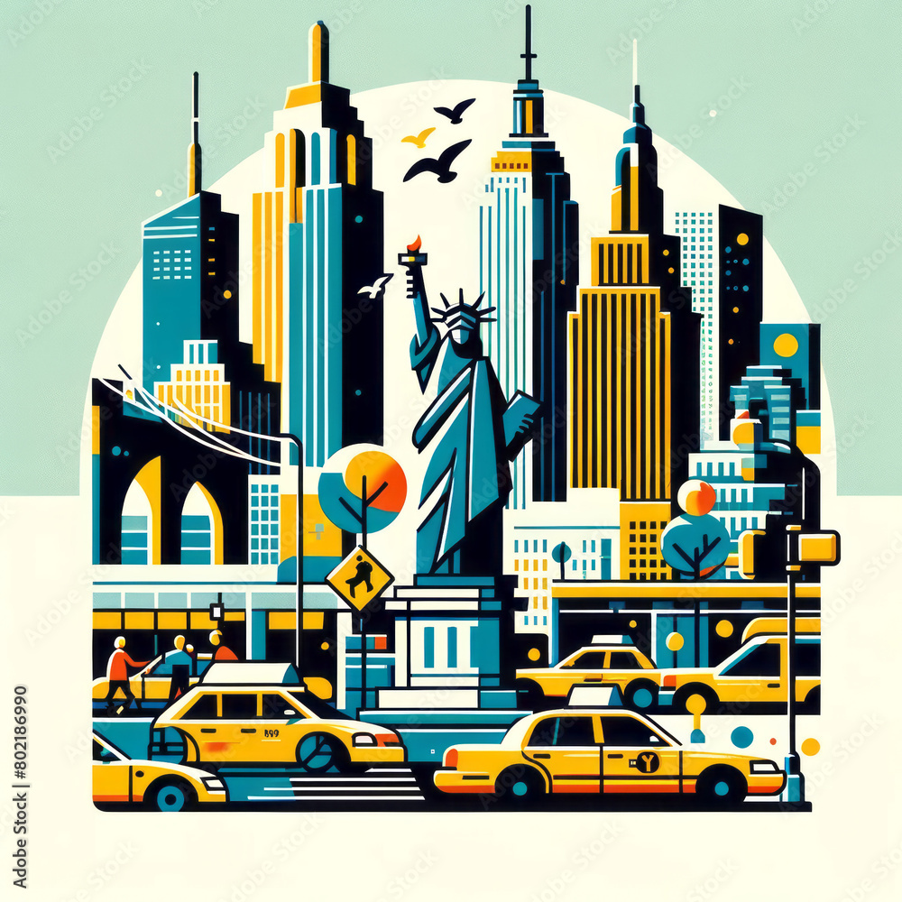 Fototapeta premium New York Cityscape Illustration with Skyline and Landmarks