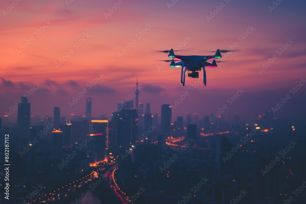 Drone Flying at Sunset Over Urban Skyline