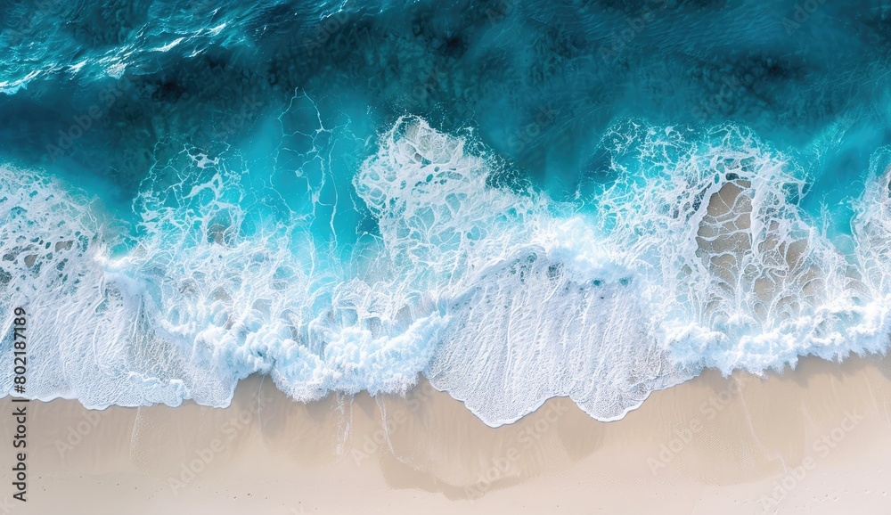 Fluid art paint of electric blue water waves crashing on sandy beach