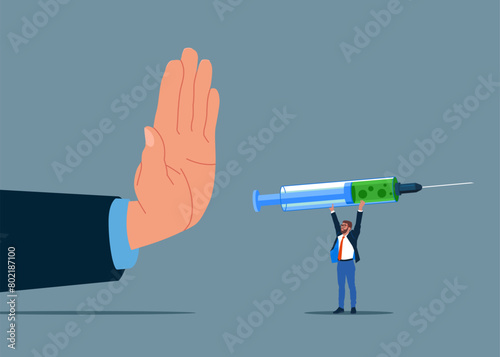 Drug addiction and refused hand. Hand offers drug to person refuses vector illustration.
