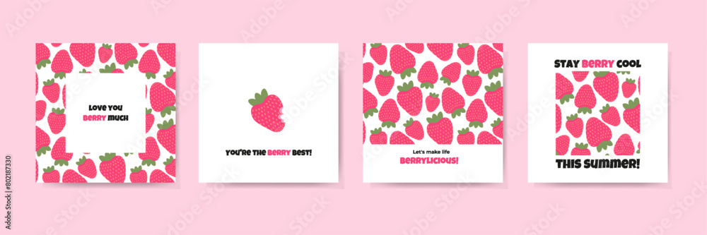 Set of cute summer cards with pink strawberries and funny phrases. Vector illustration