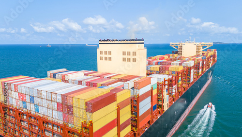 Stern Cargo Container ship the ocean ship carrying container and running for import export concept technology freight shipping by ship . aerial top of Container Vessel running in green sea