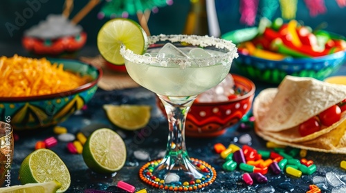 Cinco De Mayo Background with Tasty Margarita and Decorations 