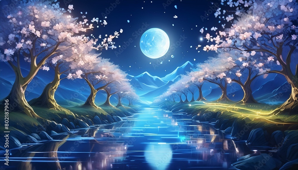 透き通るような綺麗なガラスのようなスタイル、夜桜がひらひらと舞い上がる、輝きに満ちた月、幻想的な水流のイラスト generated by AI