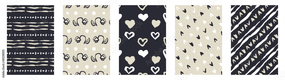 Set of Monochrome dark blue and beige sketchy shapes and flowers cards. Vintage folk abstract stripes posters bundle
