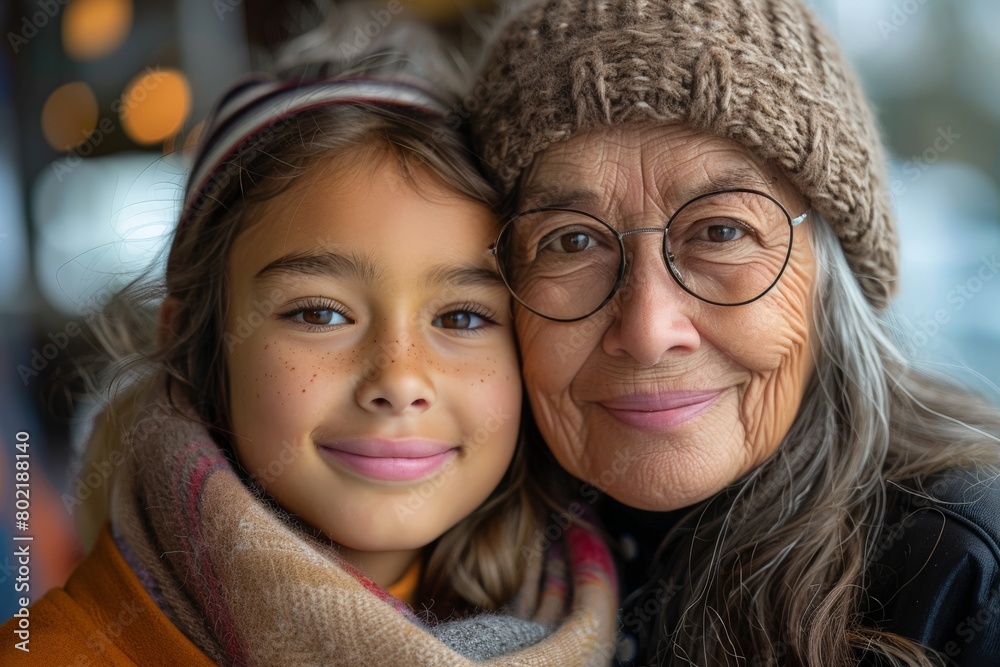 Warm moment between a grandmother and grandchild, both smiling at the camera with familial connection Warm moment between a grandmother and grandchild, both smiling at the camera with familial connection