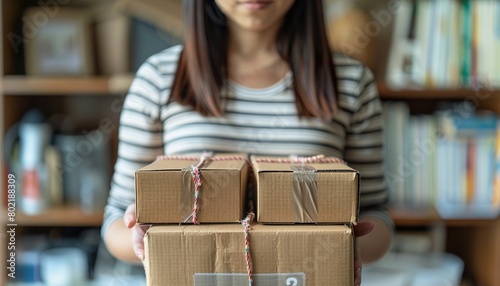 Woman packing donation boxes at home 