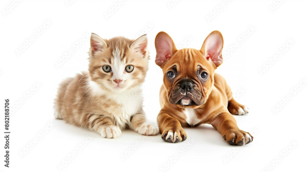 A cute dog and cat sitting on a white background A cute dog and cat sitting on a white background