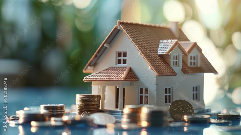 A conceptual representation of real estate investment with a miniature house surrounded by coins in a luminous setting A conceptual representation of real estate investment with a miniature house surrounded by coins in a luminous setting