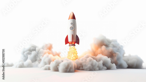 rocket taking off with smoke and flames against a white background