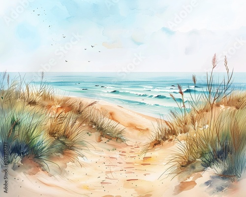 A serene watercolor beach scene with soft pastels and colorful elements, creating a peaceful background