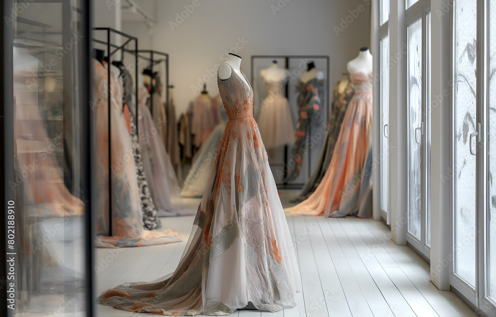 grey evening gown with floral embroidery on the tailor mannequin, inside the fashion house grey evening gown with floral embroidery on the tailor mannequin, inside the fashion house