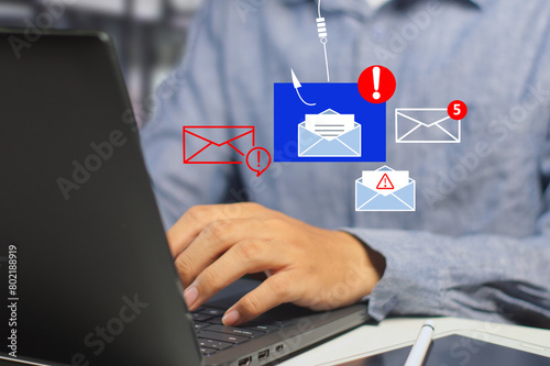 System hacked warnings alert Cyber attacks on a computer network, viruses, Spyware, Malware, Phishing email, or Malicious software. Cyber security and cybercrime concept. Compromised information 