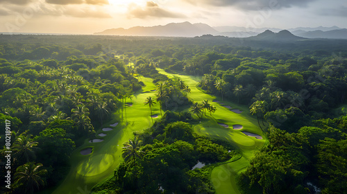 Sunset Over a Pristine Tropical Golf Course with Mountain Backdrop