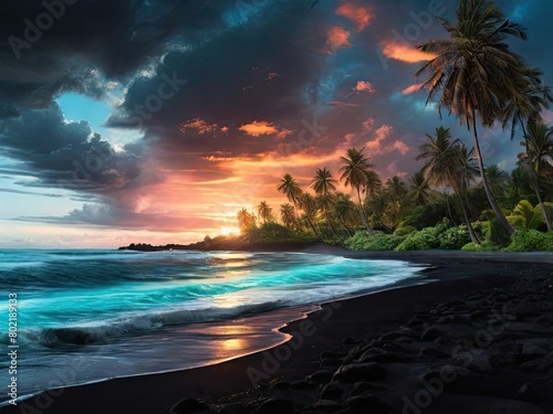 Beach Sunset with Palms and Moonlit Sky